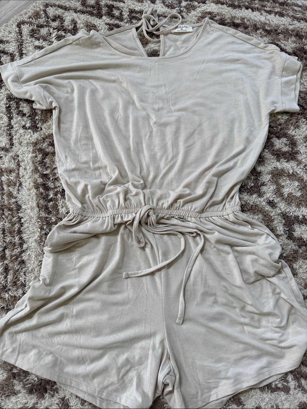 Zenana Light Beige Short Sleeve Drawstring Romper